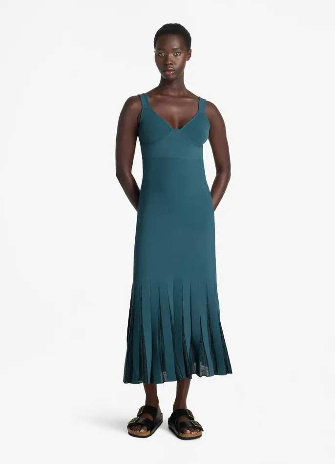 St John Knit Dresses Women Stretch Viscose Knit Dress With Sheer Pleats Prussian Blue St John Knit Dresses Women Stretch Viscose Knit Dress With Sheer Pleats Prussian Blue