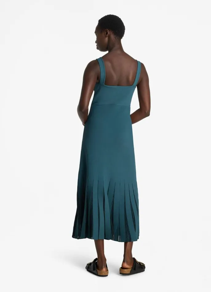 St John Knit Dresses Women Stretch Viscose Knit Dress With Sheer Pleats Prussian Blue St John Knit Dresses Women Stretch Viscose Knit Dress With Sheer Pleats Prussian Blue