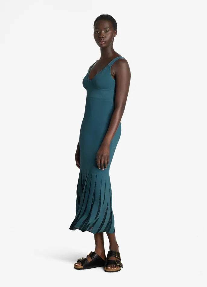 St John Knit Dresses Women Stretch Viscose Knit Dress With Sheer Pleats Prussian Blue St John Knit Dresses Women Stretch Viscose Knit Dress With Sheer Pleats Prussian Blue