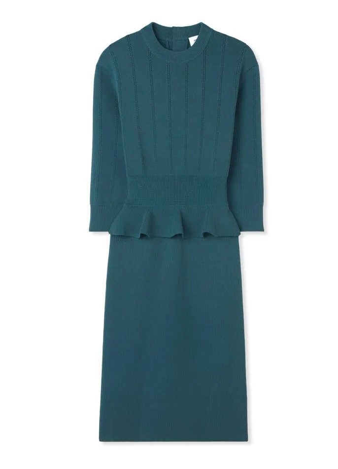 St John Knit Dresses Women Textured Stitch Knit Peplum Dress Prussian Blue