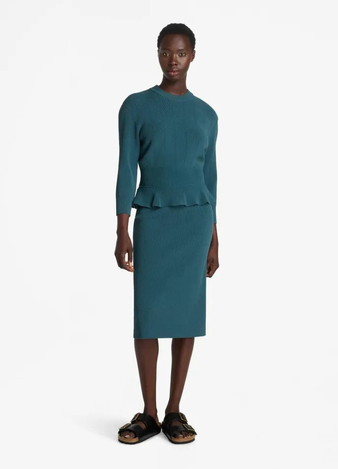 St John Knit Dresses Women Textured Stitch Knit Peplum Dress Prussian Blue St John Knit Dresses Women Textured Stitch Knit Peplum Dress Prussian Blue