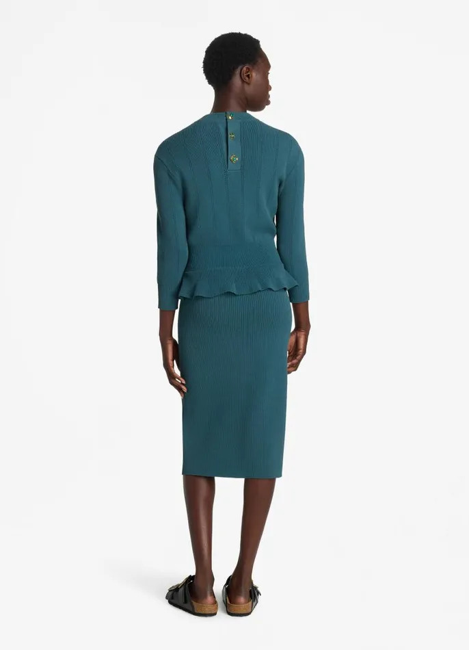 St John Knit Dresses Women Textured Stitch Knit Peplum Dress Prussian Blue St John Knit Dresses Women Textured Stitch Knit Peplum Dress Prussian Blue