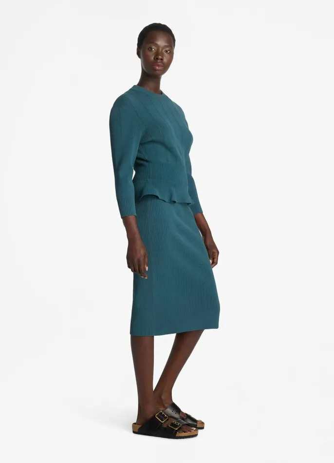 St John Knit Dresses Women Textured Stitch Knit Peplum Dress Prussian Blue St John Knit Dresses Women Textured Stitch Knit Peplum Dress Prussian Blue