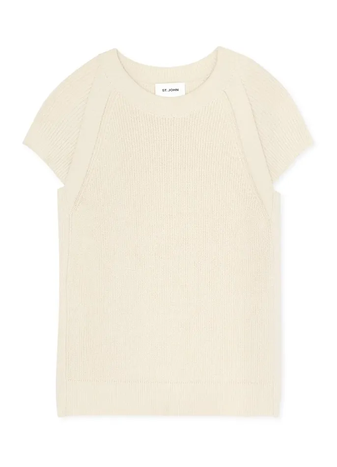 St John Knitwear Women Cap Sleeve Rib Knit Top Ecru