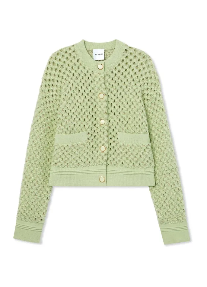 St John Knitwear Women Sparkle Crochet Knit Jacket Pale Lime