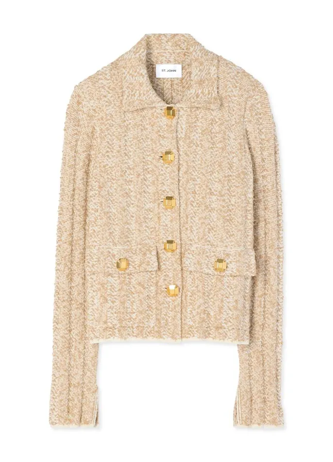St John Light Jackets Women Chevron Slub Knit Jacket Light Gray Multi