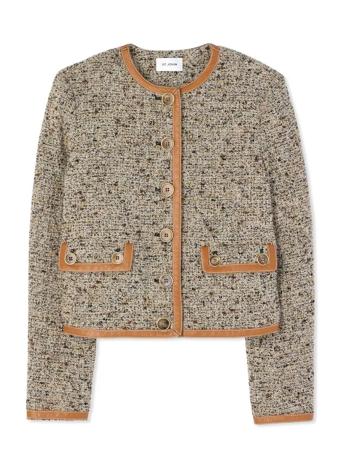 St John Light Jackets Women Leather Trim Boucle Jacket Camelecru Multi
