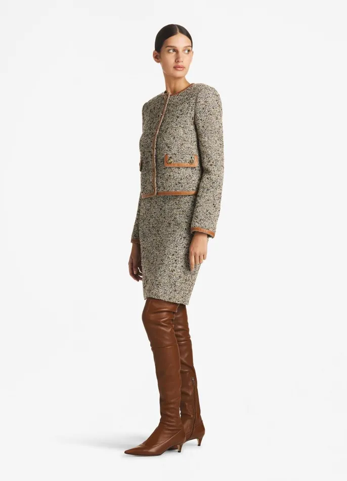 St John Light Jackets Women Leather Trim Boucle Jacket Camelecru Multi St John Light Jackets Women Leather Trim Boucle Jacket Camelecru Multi