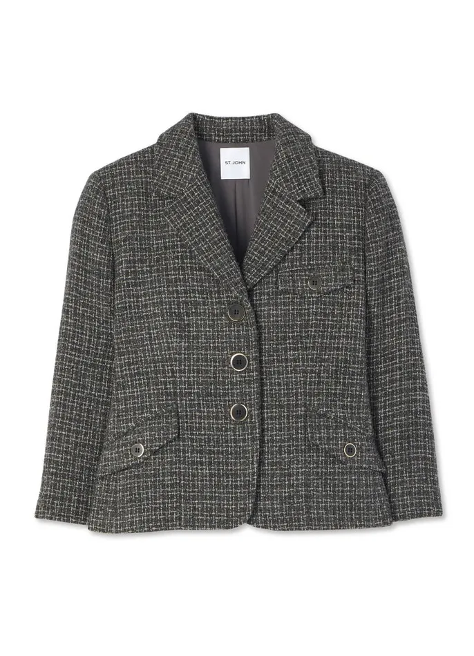 St John Light Jackets Women Micro Pattern Tweed 34 Sleeve Jacket Light Gray Multi St John Light Jackets Women Micro Pattern Tweed 34 Sleeve Jacket Light Gray Multi