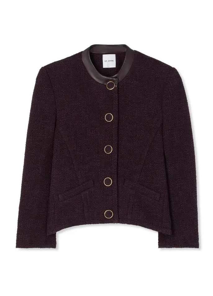 St John Light Jackets Women Terry Tweed And Leather Jacket Aubergine
