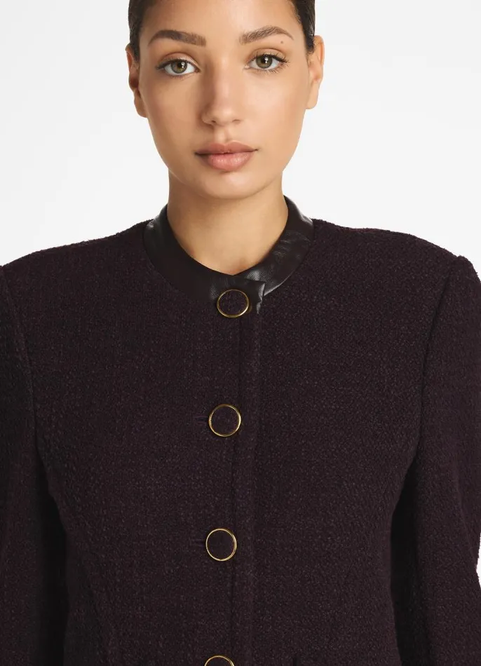 St John Light Jackets Women Terry Tweed And Leather Jacket Aubergine St John Light Jackets Women Terry Tweed And Leather Jacket Aubergine