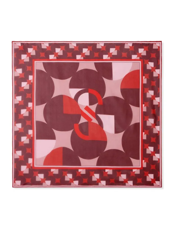 St John Scarves Women SJ Logo Bold Geo Silk Twill Scarf Rouge Multi