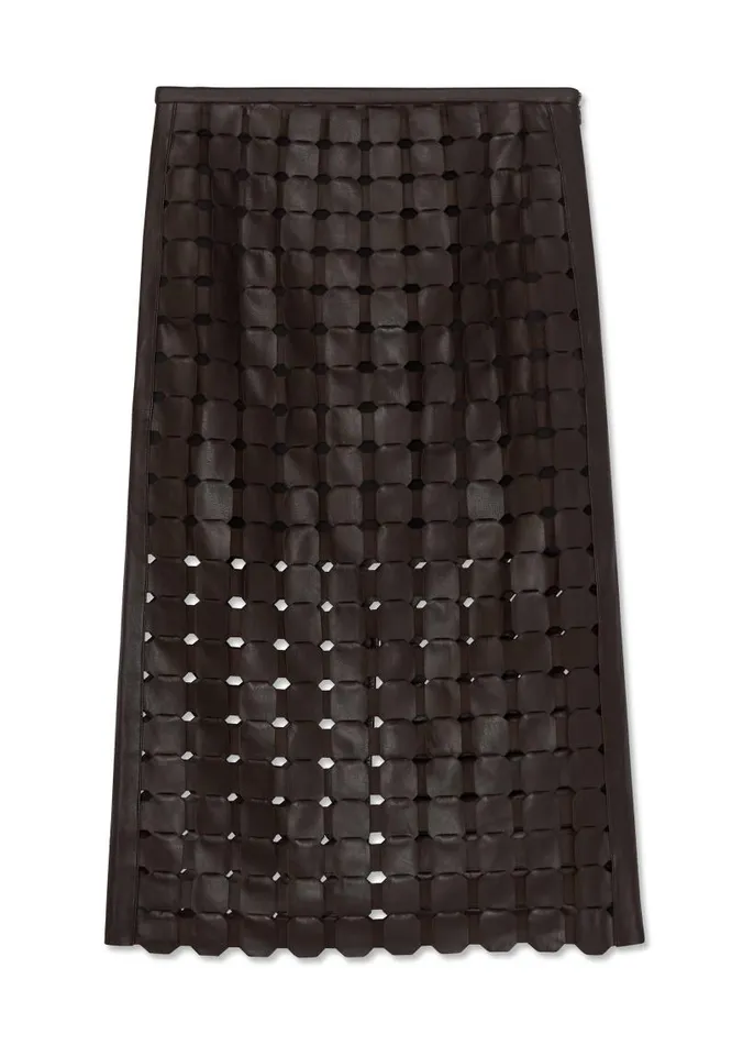 St John Skirts Women Geometric Weave Leather Skirt Mocha