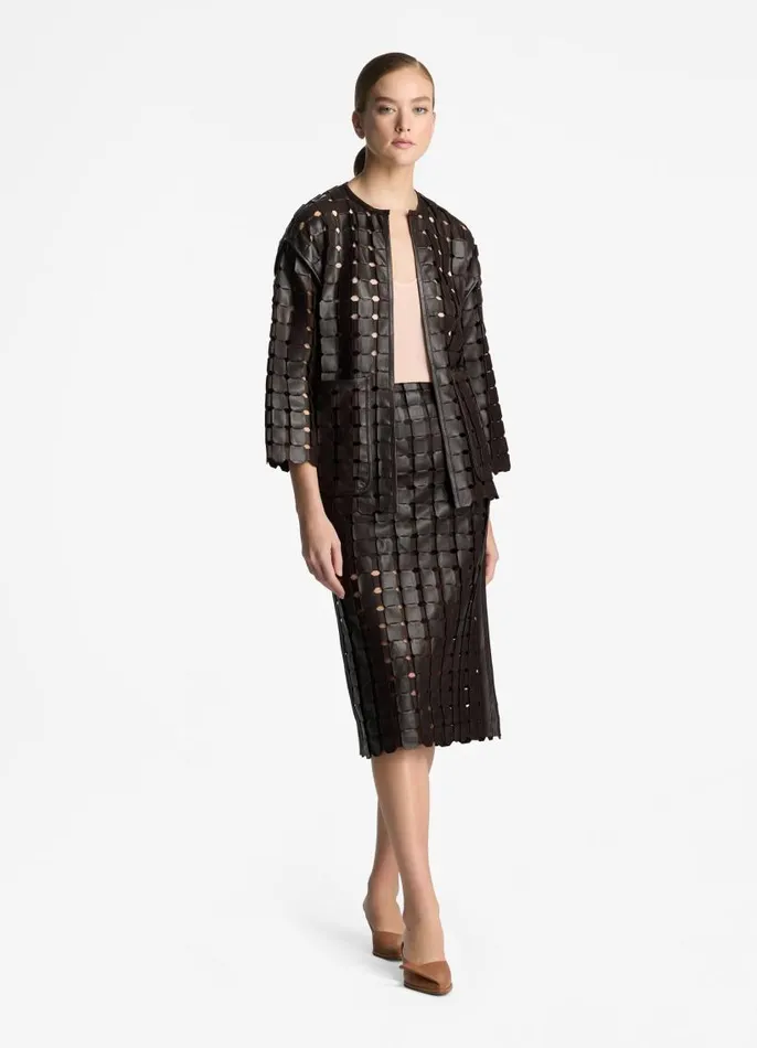 St John Skirts Women Geometric Weave Leather Skirt Mocha St John Skirts Women Geometric Weave Leather Skirt Mocha