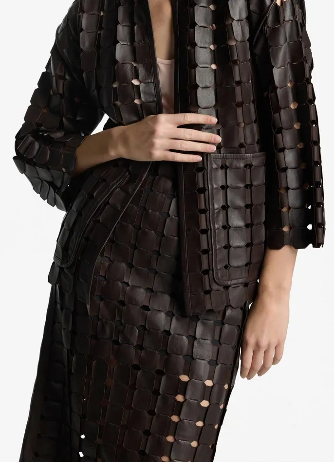 St John Skirts Women Geometric Weave Leather Skirt Mocha St John Skirts Women Geometric Weave Leather Skirt Mocha