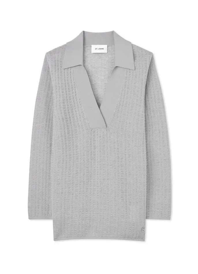 St John Sweaters Women Plaid Knit Collared Sweater Platinum
