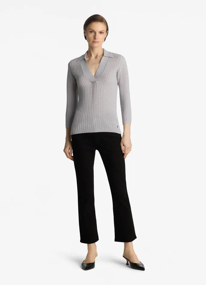 St John Sweaters Women Plaid Knit Collared Sweater Platinum St John Sweaters Women Plaid Knit Collared Sweater Platinum