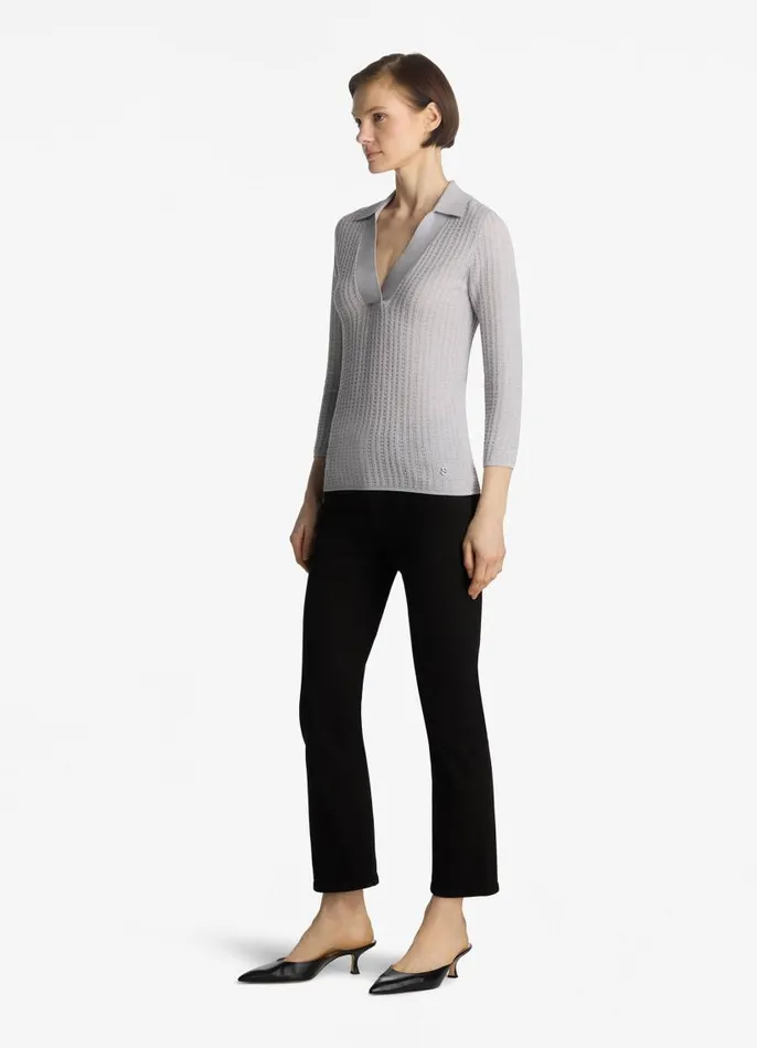 St John Sweaters Women Plaid Knit Collared Sweater Platinum St John Sweaters Women Plaid Knit Collared Sweater Platinum