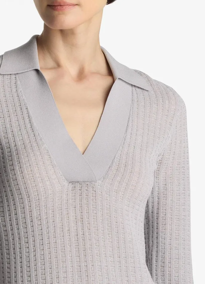St John Sweaters Women Plaid Knit Collared Sweater Platinum St John Sweaters Women Plaid Knit Collared Sweater Platinum