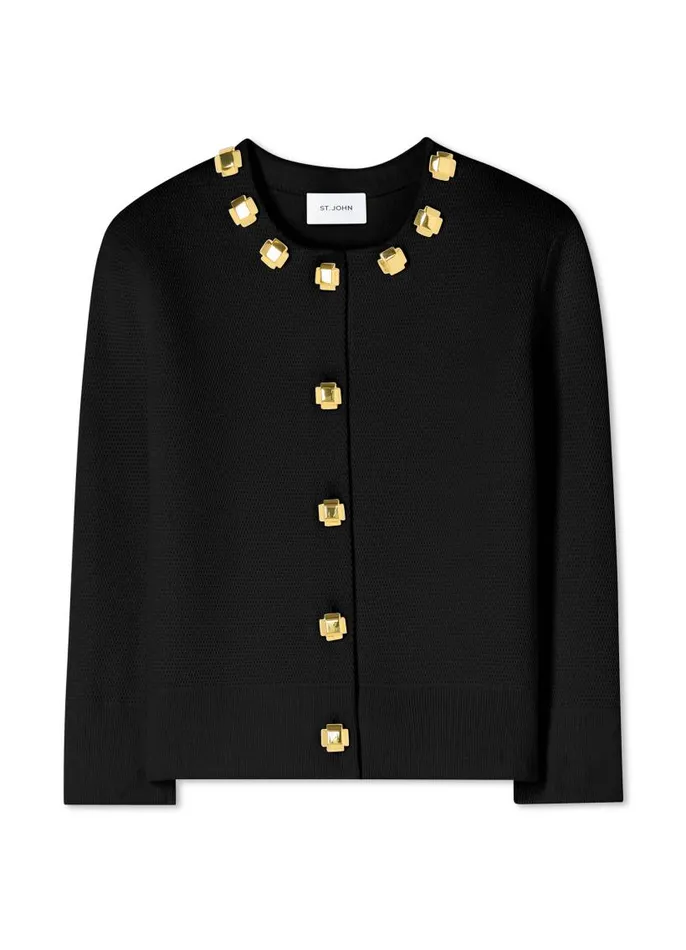 St John Sweaters Women Studded Pique Knit Cardigan Black