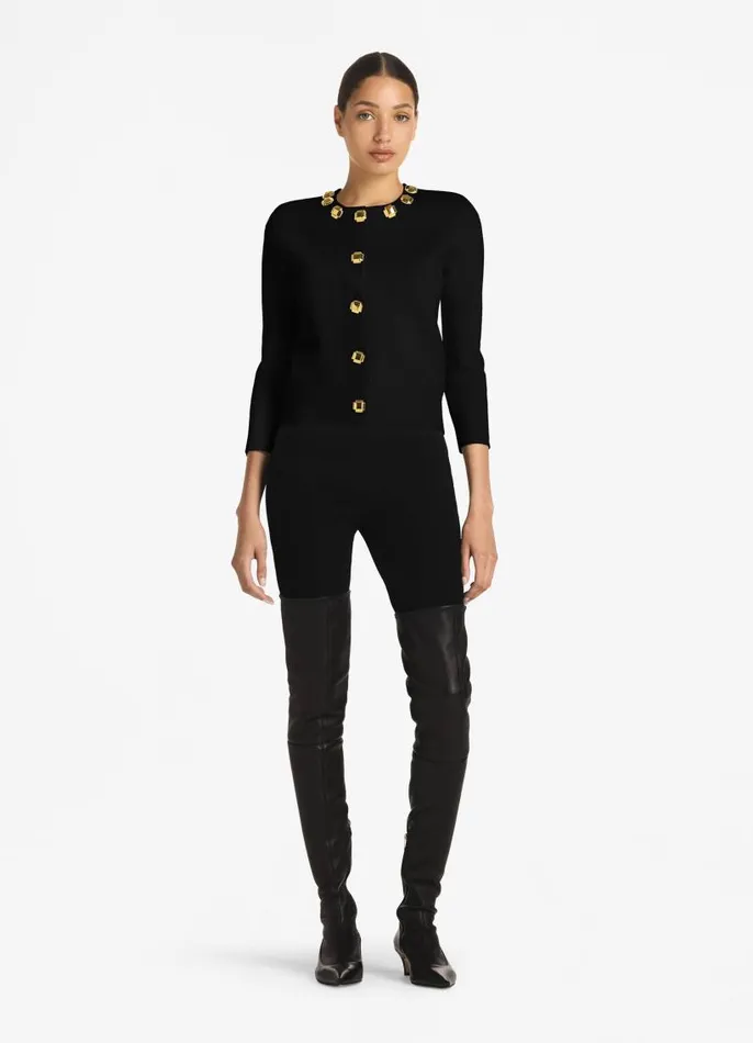 St John Sweaters Women Studded Pique Knit Cardigan Black St John Sweaters Women Studded Pique Knit Cardigan Black