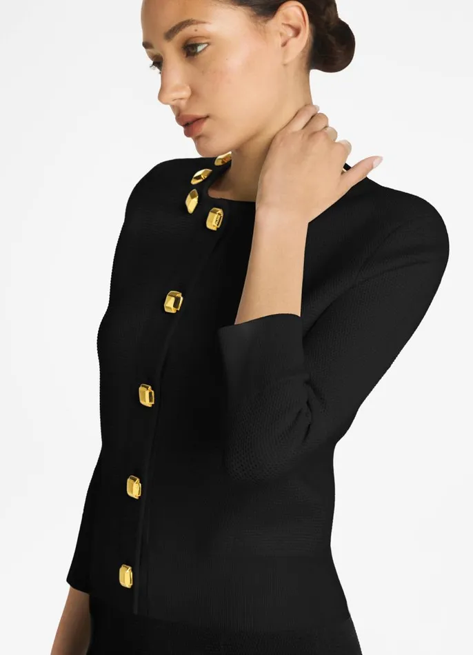 St John Sweaters Women Studded Pique Knit Cardigan Black St John Sweaters Women Studded Pique Knit Cardigan Black
