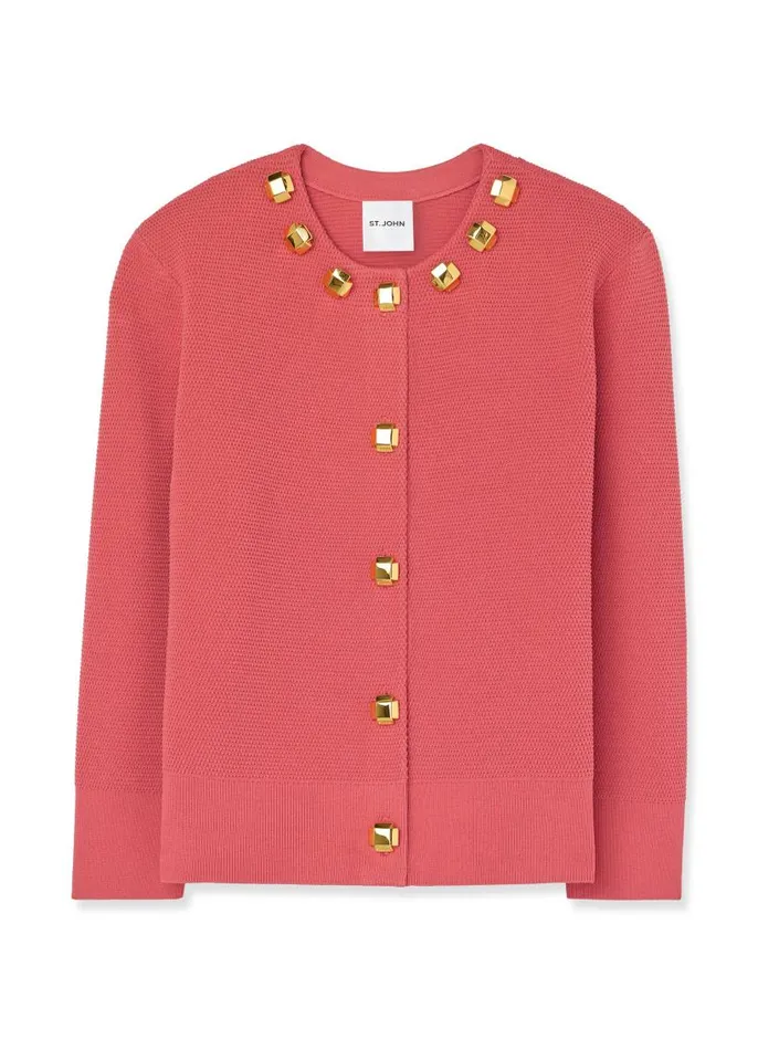 St John Sweaters Women Studded Pique Knit Cardigan Rose