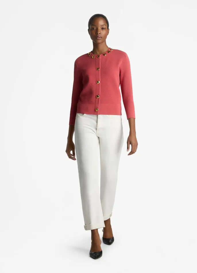 St John Sweaters Women Studded Pique Knit Cardigan Rose St John Sweaters Women Studded Pique Knit Cardigan Rose
