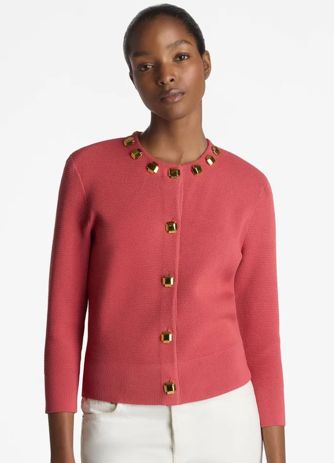 St John Sweaters Women Studded Pique Knit Cardigan Rose St John Sweaters Women Studded Pique Knit Cardigan Rose