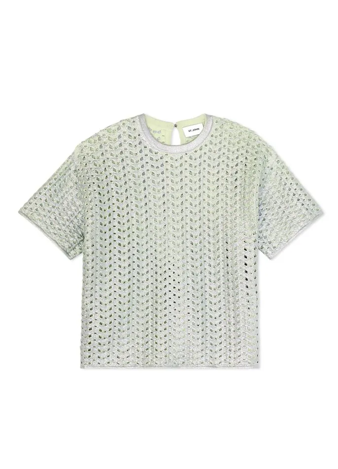 St John Tops and Shells Women Lacquered Crochet Knit Top Pale Lime