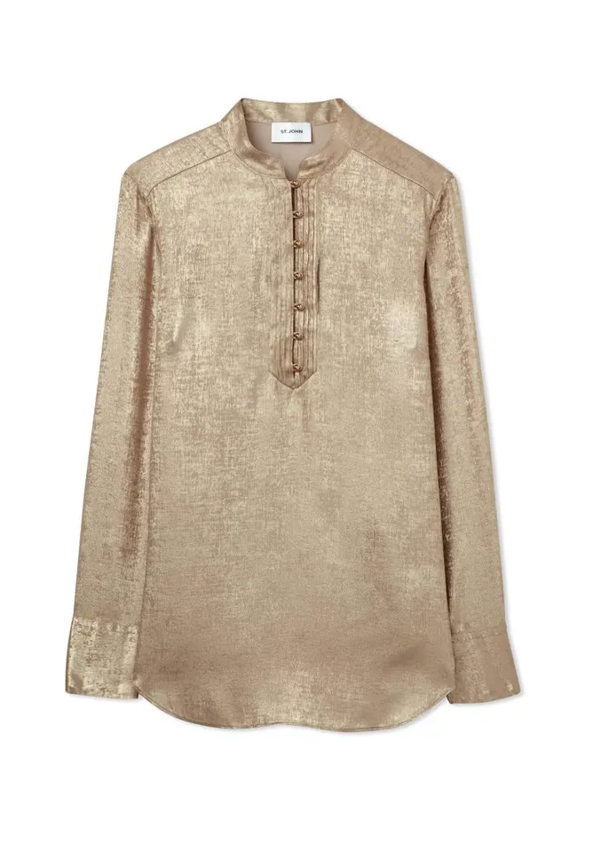 St John Tops and Shells Women Metallic Long Sleeve Blouse Champagne