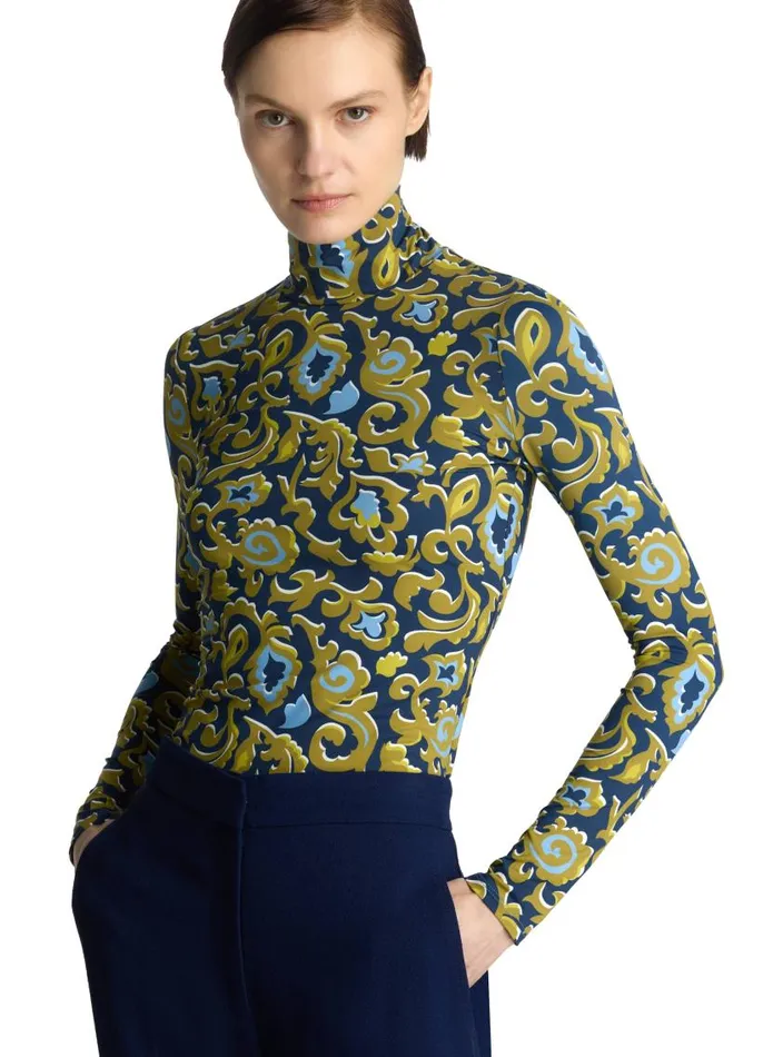 St John Tops and Shells Women Paisley Print Nuda Turtleneck Saddle Multi St John Tops and Shells Women Paisley Print Nuda Turtleneck Saddle Multi