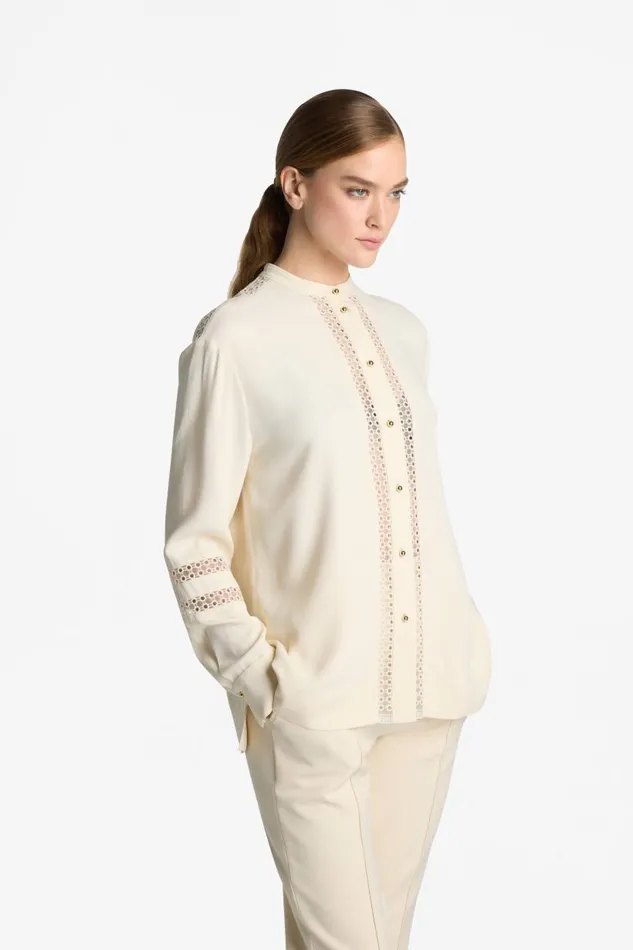 St John Tops and Shells Women Satin Back Crepe Blouse Ecru St John Tops and Shells Women Satin Back Crepe Blouse Ecru