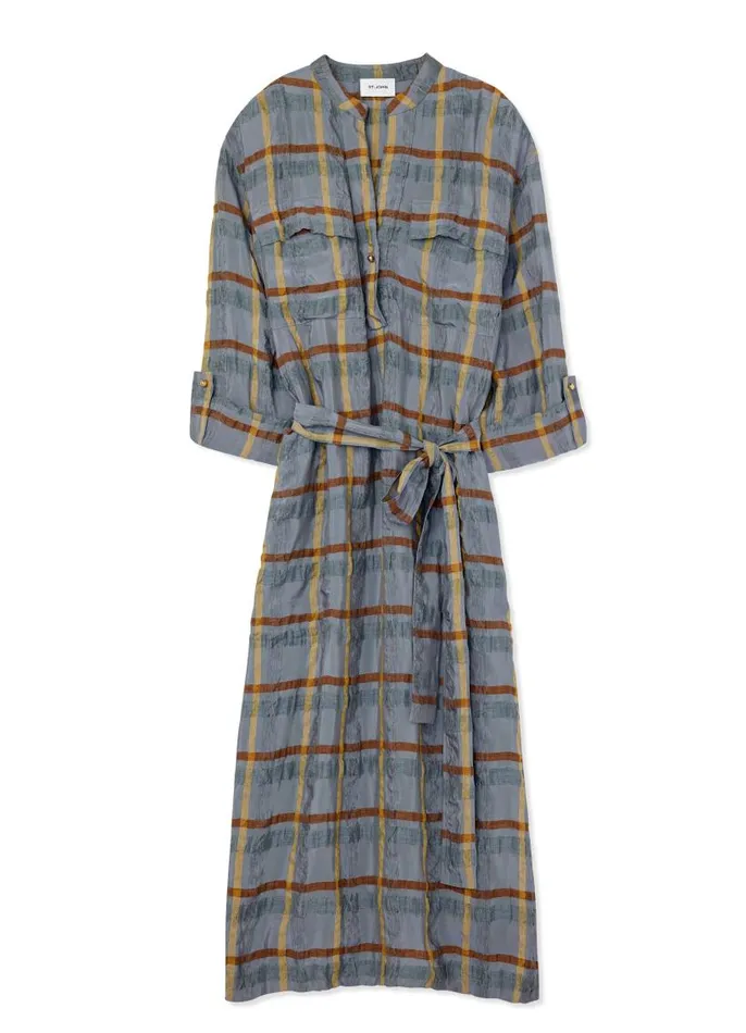 St John Transitional Clothing Women 34 Sleeve Plaid Dress Tahoe Slatesaddle Multi