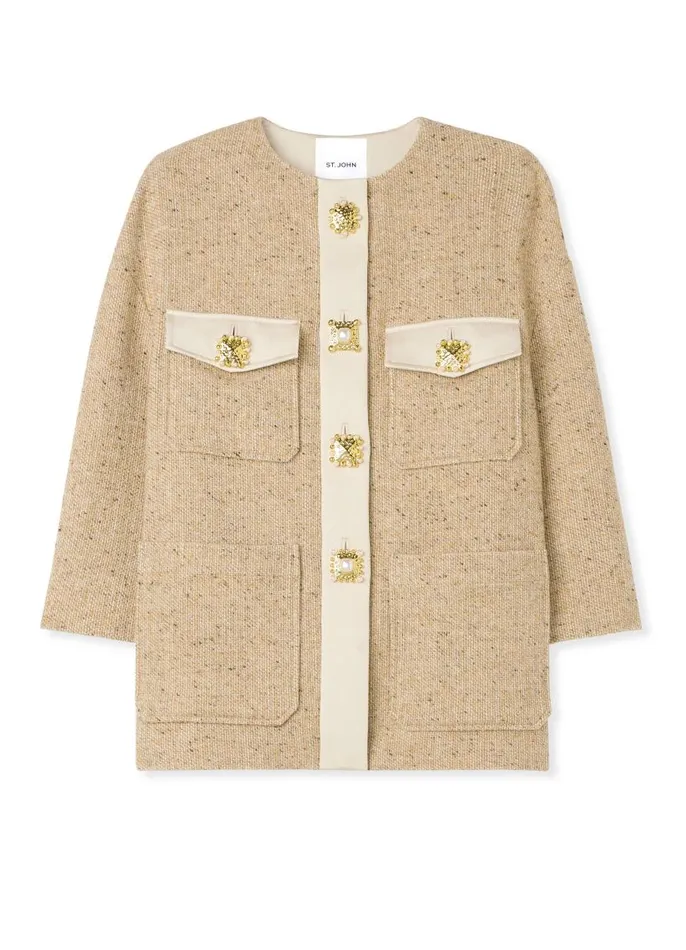 St John Tweed Jackets Women Italian Tweed Contrast Trim Long Jacket Light Sand St John Tweed Jackets Women Italian Tweed Contrast Trim Long Jacket Light Sand