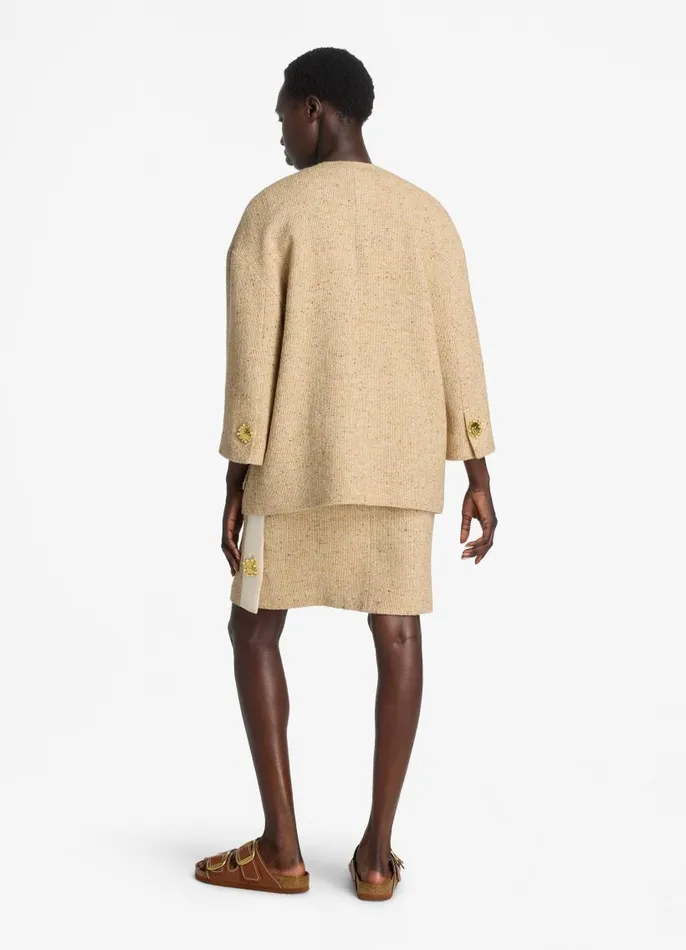 St John Tweed Jackets Women Italian Tweed Contrast Trim Long Jacket Light Sand St John Tweed Jackets Women Italian Tweed Contrast Trim Long Jacket Light Sand
