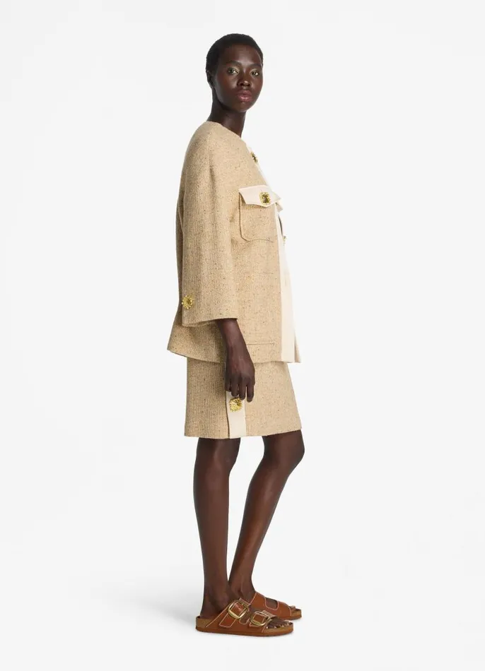 St John Tweed Jackets Women Italian Tweed Contrast Trim Long Jacket Light Sand St John Tweed Jackets Women Italian Tweed Contrast Trim Long Jacket Light Sand