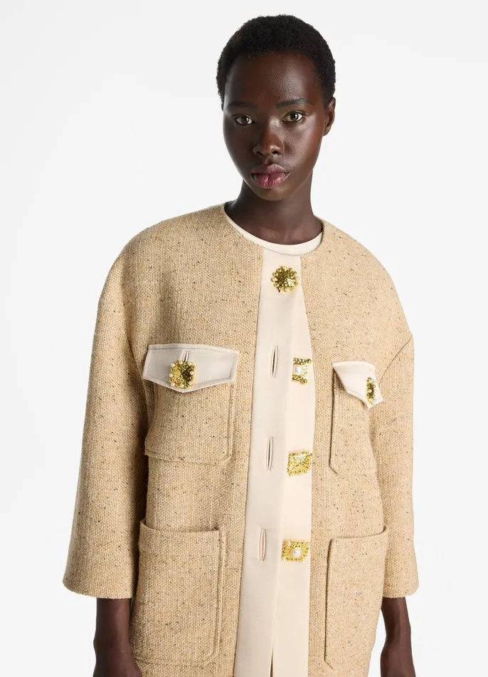 St John Tweed Jackets Women Italian Tweed Contrast Trim Long Jacket Light Sand St John Tweed Jackets Women Italian Tweed Contrast Trim Long Jacket Light Sand