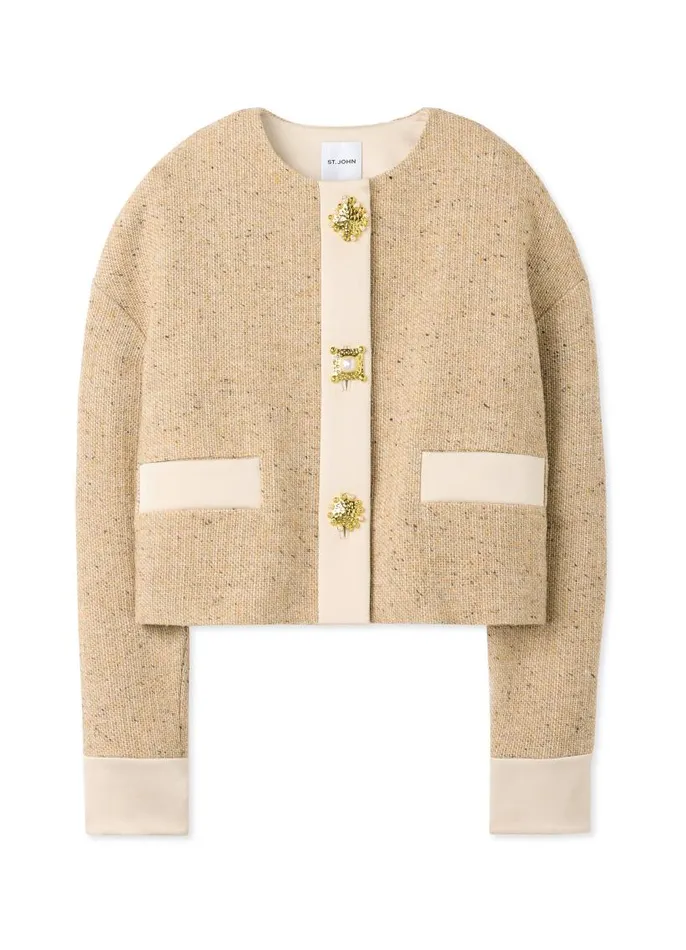 St John Tweed Jackets Women Italian Tweed Contrast Trim Short Jacket Light Sand St John Tweed Jackets Women Italian Tweed Contrast Trim Short Jacket Light Sand