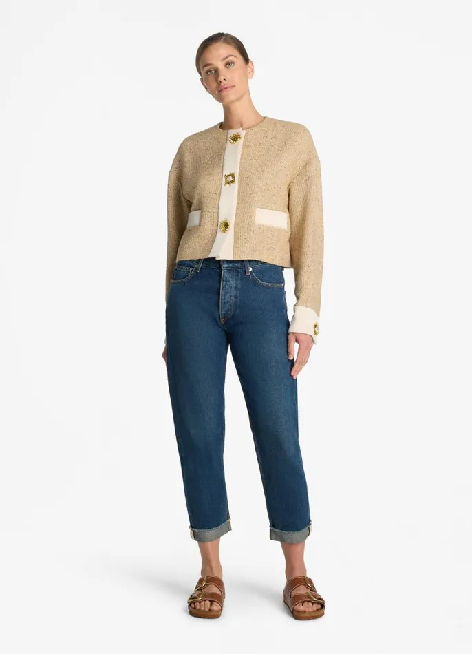 St John Tweed Jackets Women Italian Tweed Contrast Trim Short Jacket Light Sand St John Tweed Jackets Women Italian Tweed Contrast Trim Short Jacket Light Sand
