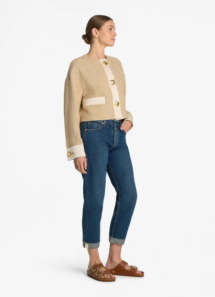 St John Tweed Jackets Women Italian Tweed Contrast Trim Short Jacket Light Sand St John Tweed Jackets Women Italian Tweed Contrast Trim Short Jacket Light Sand
