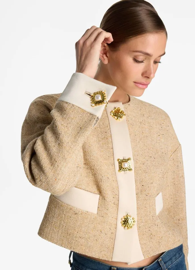 St John Tweed Jackets Women Italian Tweed Contrast Trim Short Jacket Light Sand St John Tweed Jackets Women Italian Tweed Contrast Trim Short Jacket Light Sand