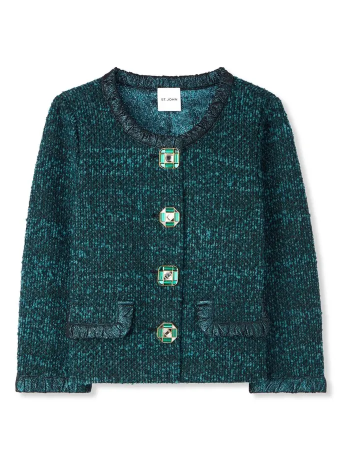 St John Tweed Jackets Women Textured Slub Tweed Jacket Dark Tealblack Multi