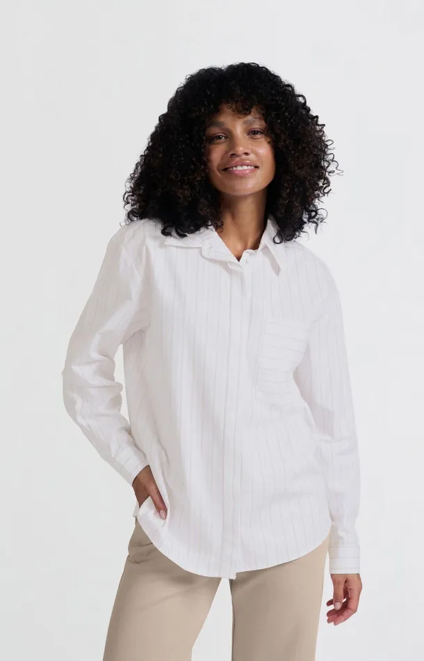Striped Blouse With Chest Pocket And Cuff Tape Pumice Stone Beige Dessin Women YAYA Blouses Striped Blouse With Chest Pocket And Cuff Tape Pumice Stone Beige Dessin Women YAYA Blouses