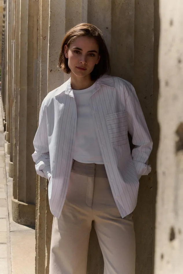 Striped Blouse With Chest Pocket And Cuff Tape Pumice Stone Beige Dessin Women YAYA Blouses Striped Blouse With Chest Pocket And Cuff Tape Pumice Stone Beige Dessin Women YAYA Blouses