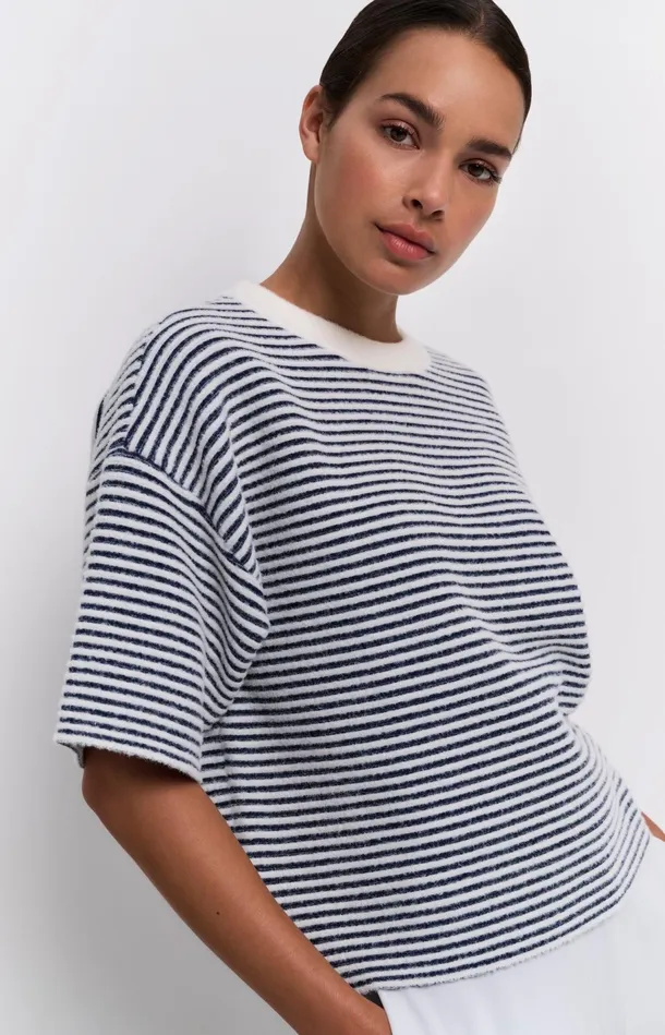 Striped Fluffy Sweater With Short Sleeves Off White Women YAYA Sweaters
