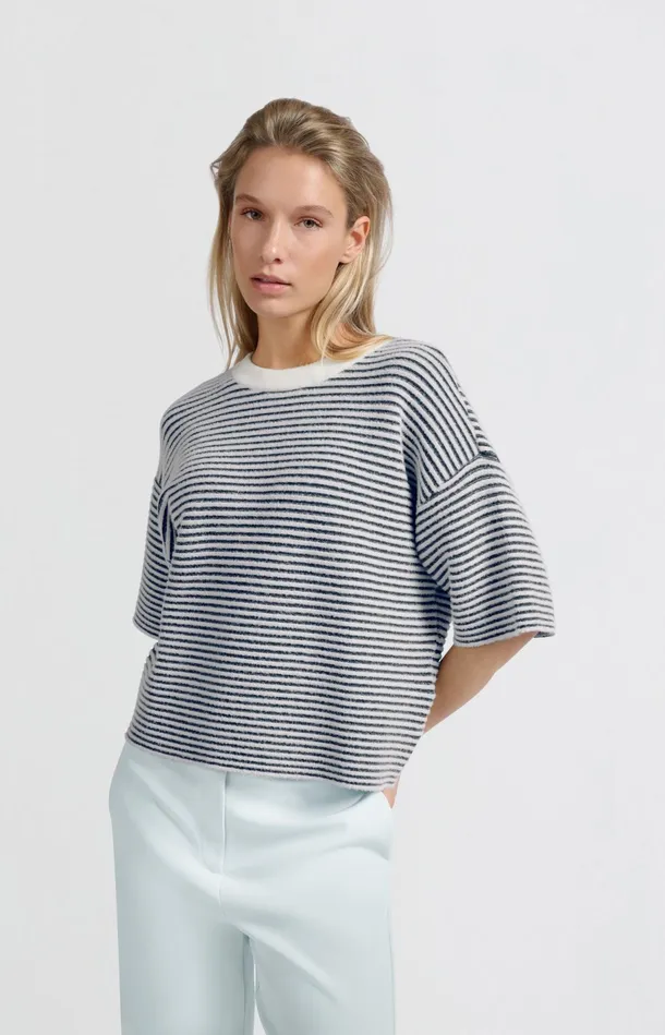 Striped Fluffy Sweater With Short Sleeves Off White Women YAYA Sweaters Striped Fluffy Sweater With Short Sleeves Off White Women YAYA Sweaters