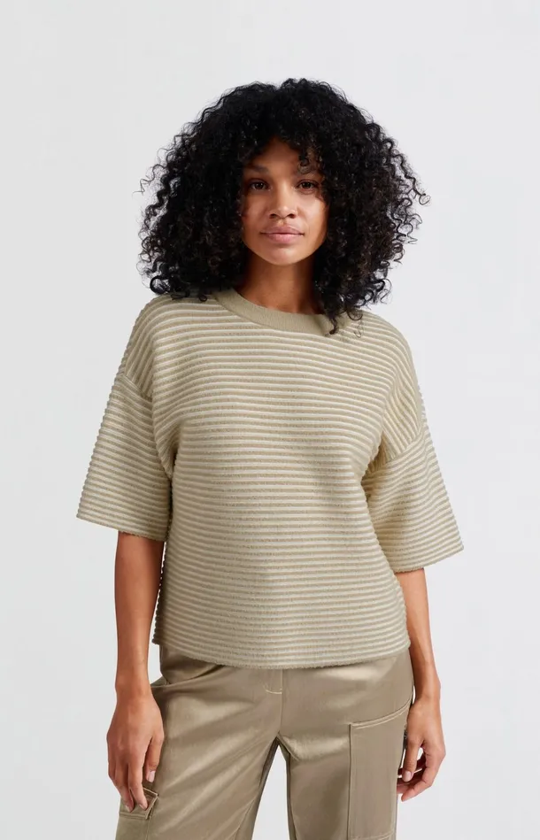 Striped Fluffy Sweater With Short Sleeves Safari Women YAYA Sweaters
