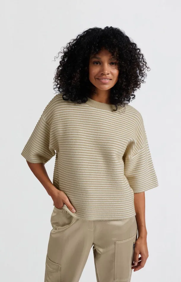 Striped Fluffy Sweater With Short Sleeves Safari Women YAYA Sweaters Striped Fluffy Sweater With Short Sleeves Safari Women YAYA Sweaters