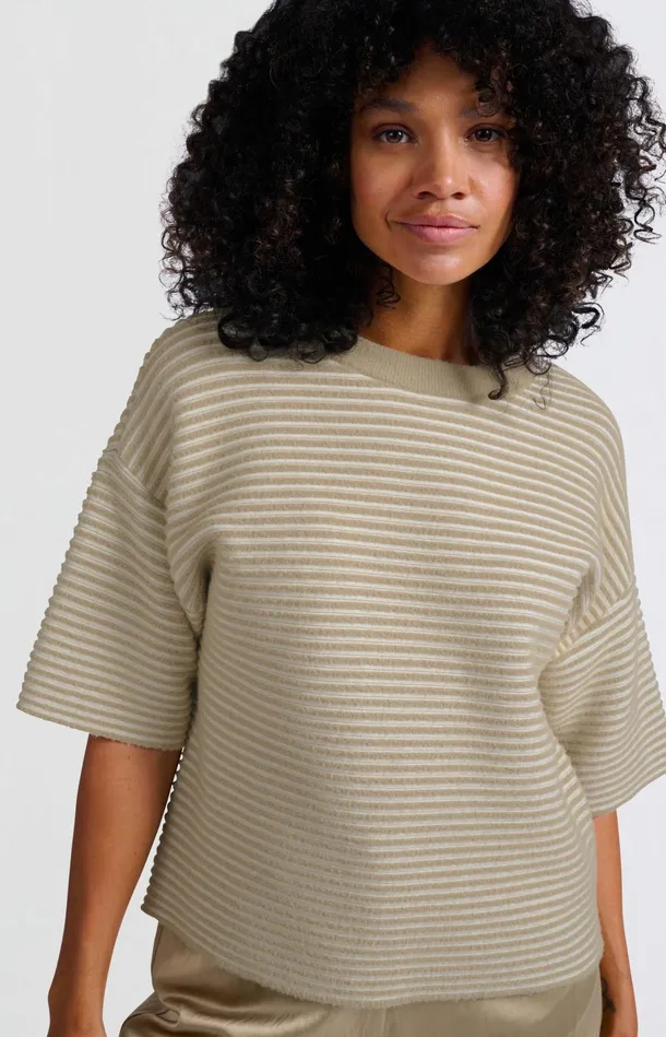 Striped Fluffy Sweater With Short Sleeves Safari Women YAYA Sweaters Striped Fluffy Sweater With Short Sleeves Safari Women YAYA Sweaters